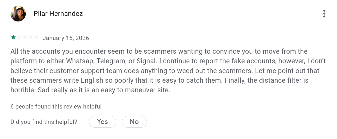 Dating app review about scammers wanting to move to WhatsApp and Telegram