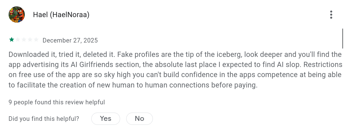 Dating app review about fake profiles and AI girlfriends