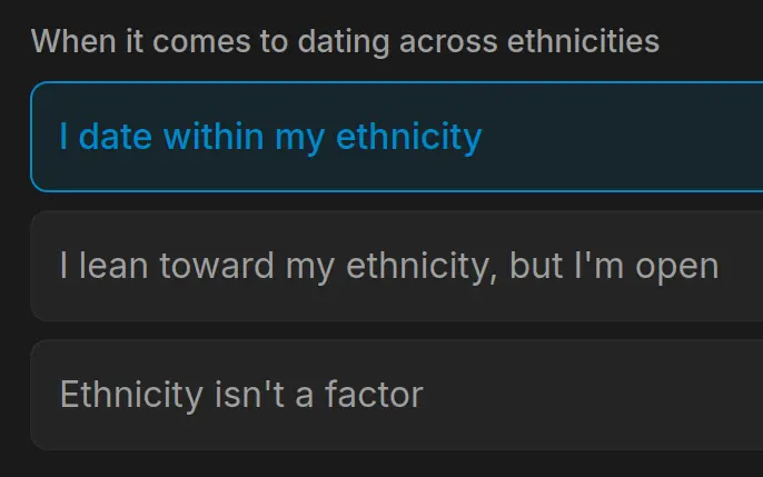Option de profil pour les rencontres selon l'ethnie : Je sors dans mon ethnie, sur Pretty Good Dating