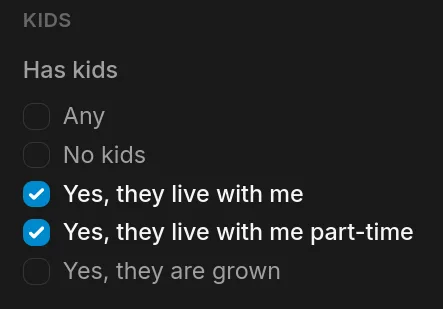 Has kids filter with they live with me and part-time both selected