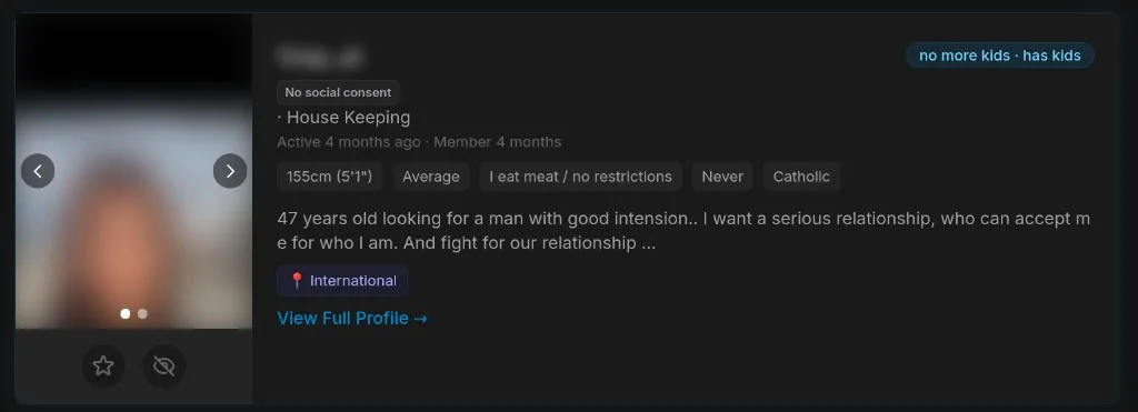 Dating profile card with the tag no more kids, has kids