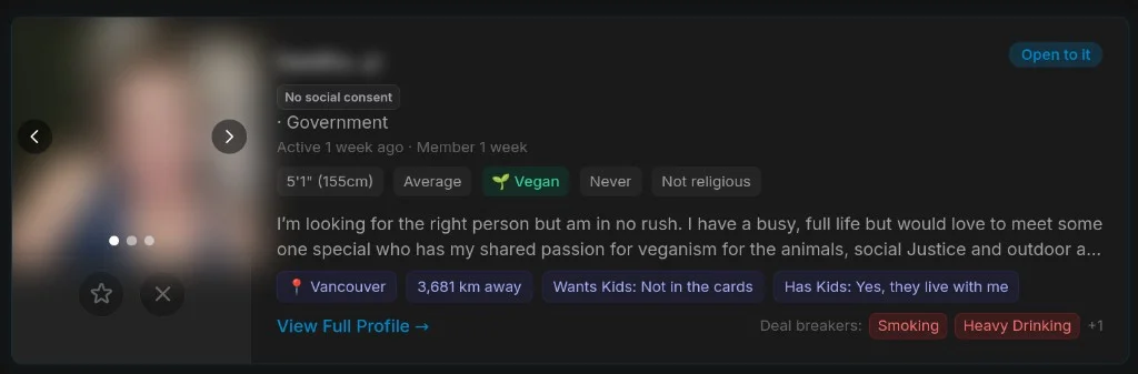 Dating profile showing Wants Kids as a primary highlighted tag alongside distance and location on Pretty Good Dating