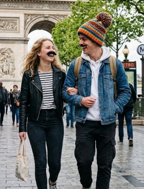 Couple wearing fake mustaches and silly hats on a first date